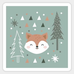 Cute Fox in the Forest Green and Grey Sticker